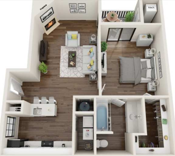 A top-down view of a small apartment with a kitchen, living room, and bedroom.