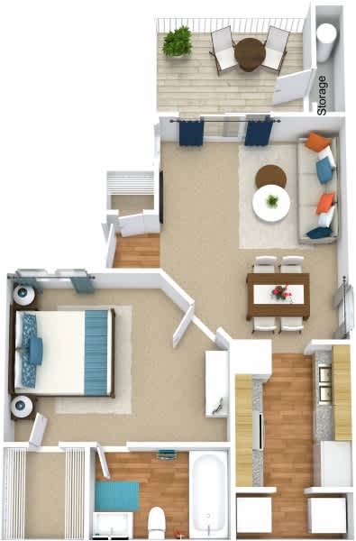A top-down view of a house layout with a living room, kitchen, and bathroom.