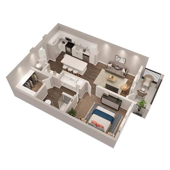A 3D floor plan of a house with a living room, kitchen, dining room, and bedrooms.