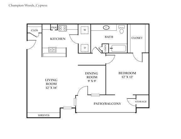 A floor plan of a house layout with a living room, dining room, kitchen, bathroom, and bedroom.