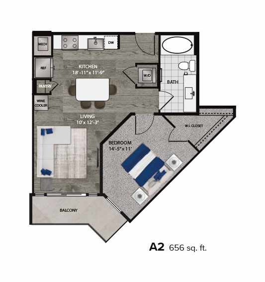 A floor plan of a 2 bedroom apartment with a living room, kitchen, bathroom and balcony.