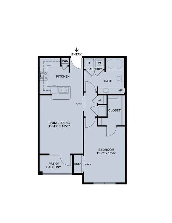 A floor plan of a home with a living/dining area, kitchen, bath, and bedroom.