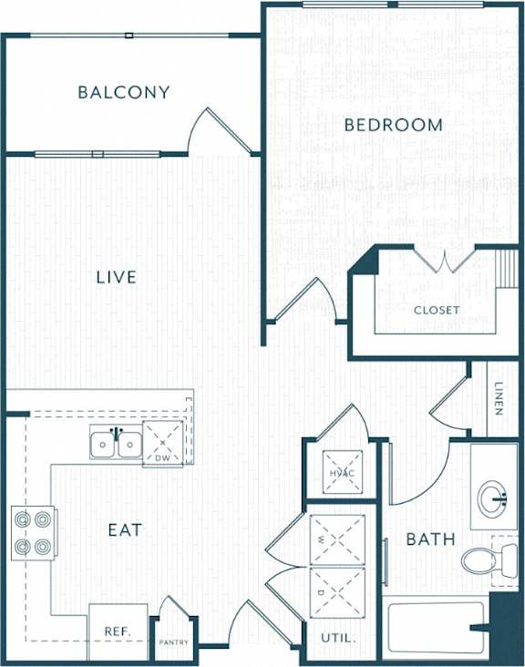 A floor plan of a home with a balcony, bedroom, living room, eat in kitchen, bathroom and laundry.