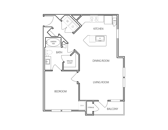 A floor plan of a house with a kitchen, dining area, bedroom, living room, and bathroom.