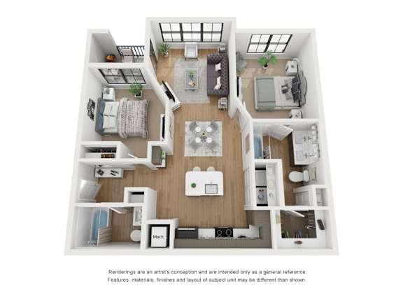 A white and wood floor plan of a small apartment with a kitchen, living room, and bedroom.