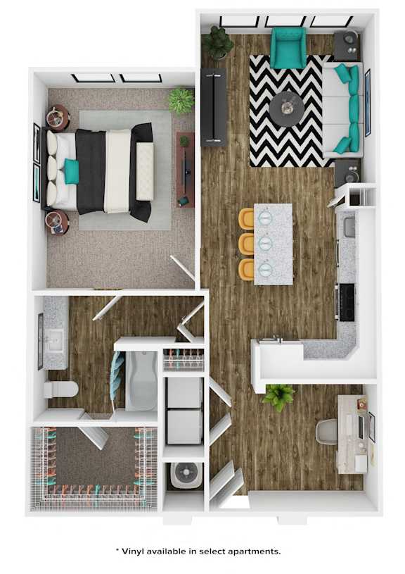 A floor plan of an apartment with a living room, kitchen, and bathroom.