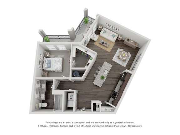 A 3D floor plan of a house with a kitchen, living room, and two bedrooms.