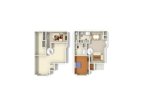 A floor plan of a two-story apartment with a living room, kitchen, and bedrooms.