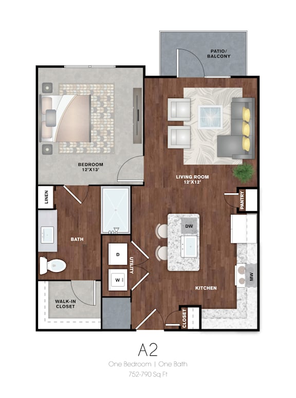 A 2 bedroom apartment floor plan with a living room, kitchen, bath, and closet.