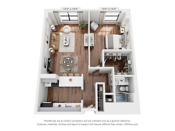 A floor plan of a small apartment with a kitchen, living room, and bedroom.