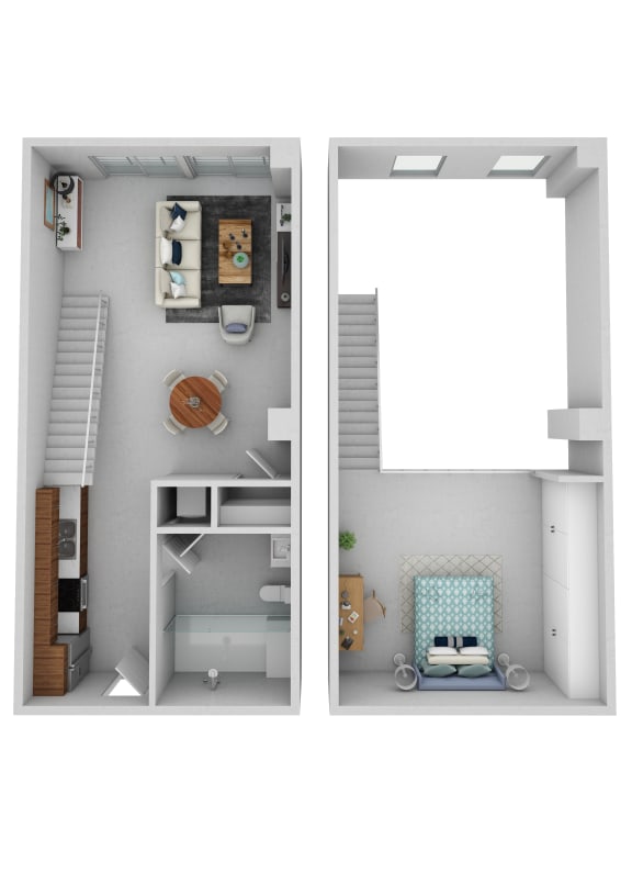 a stylized floor plan with a staircase and a bedroom