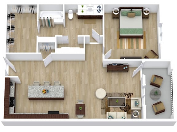 A top down view of a living room with a couch, coffee table, and television.