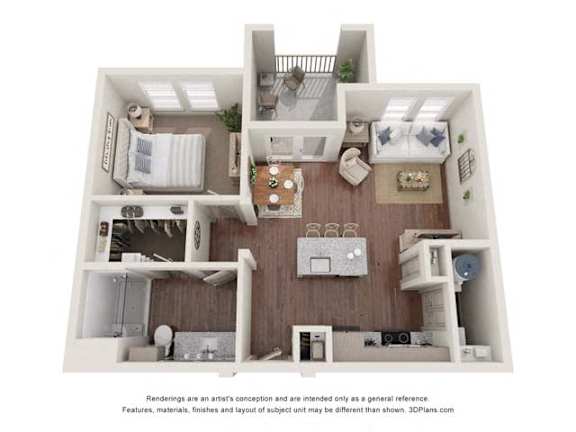 A 3D floor plan of a house with a kitchen, living room, and two bedrooms.