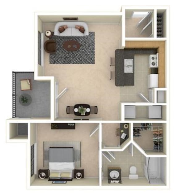A floor plan of a small apartment with a kitchen, living room, and bathroom.