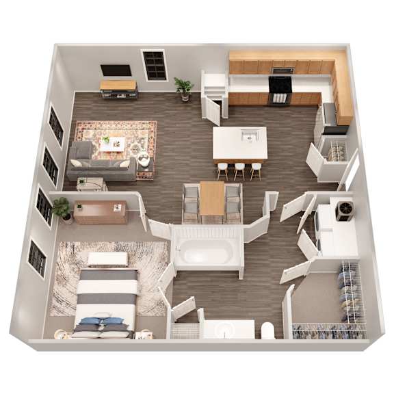 A top-down view of a modern apartment with a living room, kitchen, and bedroom.