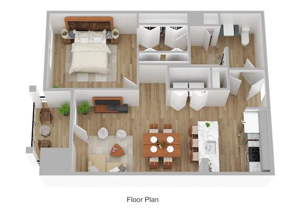 A floor plan of a house with a bedroom, living room, kitchen, and bathroom.