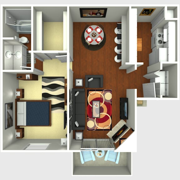 A top-down view of a modern apartment layout with a kitchen, living room, and bathroom.