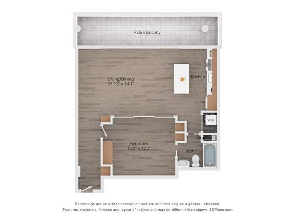A floor plan of a house with a living room, dining room, kitchen, bedroom, bathroom, and a workspace.