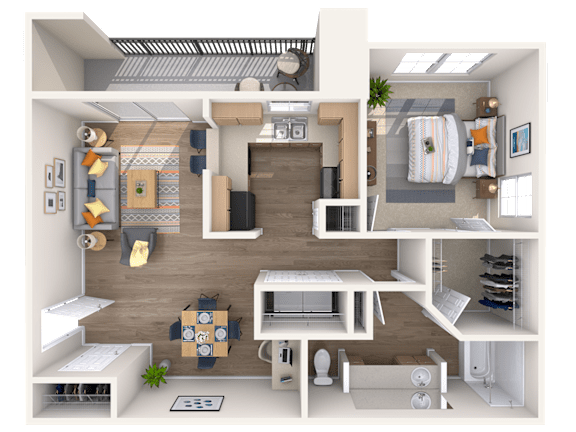 A 3D floor plan of a small apartment with a kitchen, living room, and bedroom.