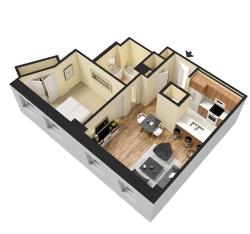 A 3D image of a house layout with a kitchen, living room, and bathroom.