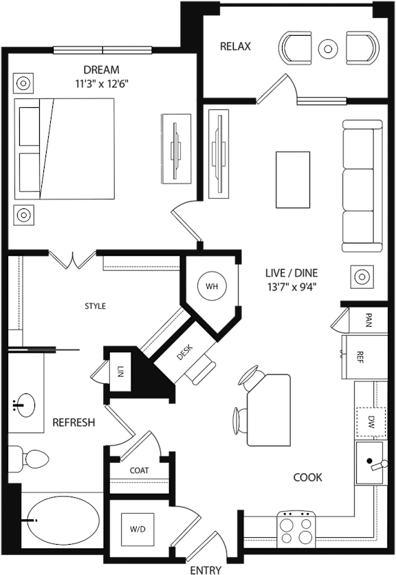 A floor plan of a house with a living room, dining room, kitchen, and bathrooms.