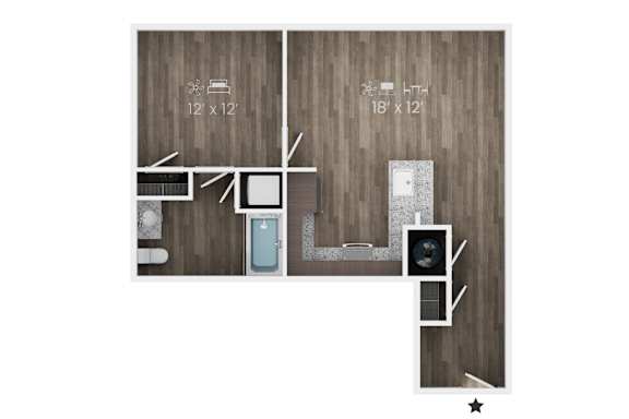 A floor plan of a room with a kitchen, living room, and bathroom.