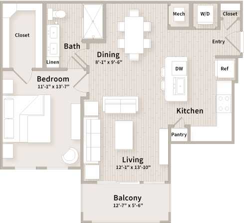 A floor plan of a house with a living room, dining room, kitchen, and two bedrooms.