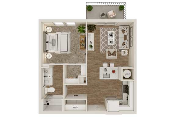 A floor plan of a small apartment with a kitchen, living room, and bathroom.