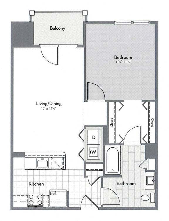 A floor plan of a small apartment with a living room, dining room, kitchen, bathroom, bedroom, and balcony.
