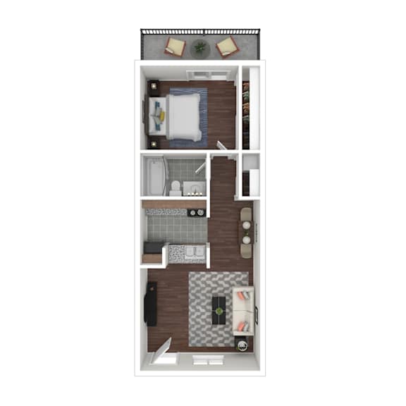 A top-down view of a small apartment with a kitchen, living room, and bathroom.