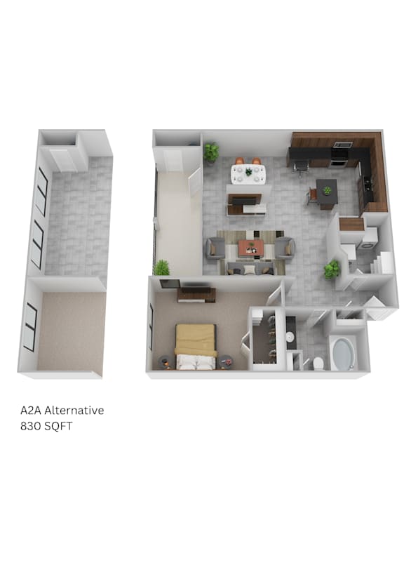 A 3D floor plan of a small apartment with a loft area.