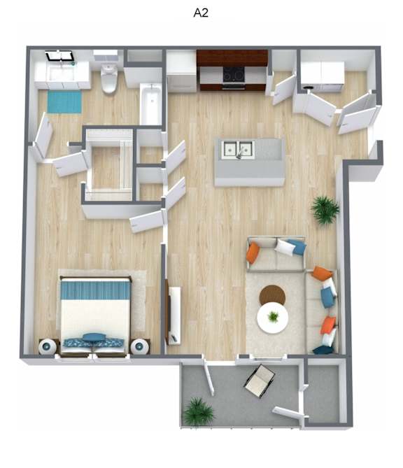 A 2 bedroom apartment with a living room, kitchen, and bathroom.