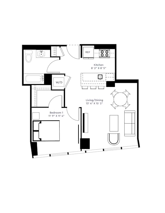 A floor plan of a house with a living room, dining room, kitchen, bedroom, and bathroom.