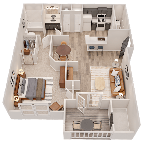 A top-down view of a well-furnished apartment.