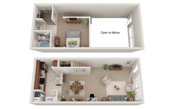 A 3D floor plan of a two-story apartment with a living room, kitchen, and bedrooms.