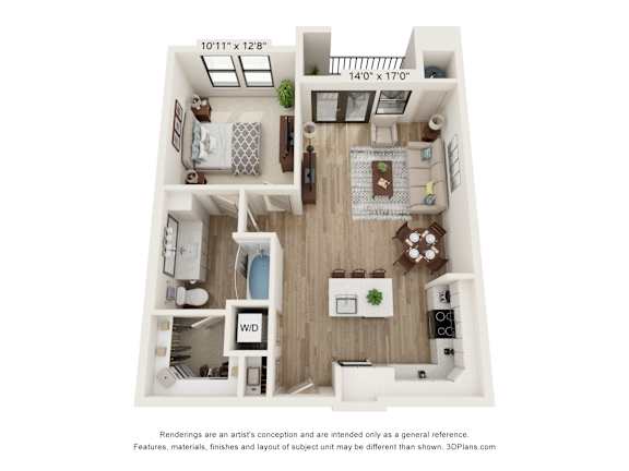 A 3D floor plan of a small apartment with a kitchen, living room, and bathroom.