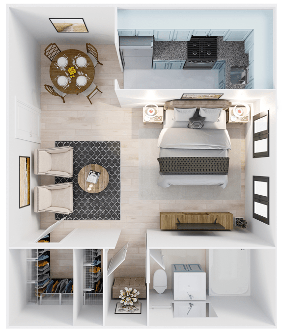 a floor plan of a studio apartment with a bedroom and a bathroom