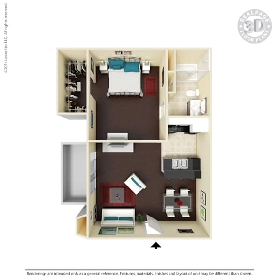 A 3D floor plan of a small apartment with a bedroom, living room, and kitchen.
