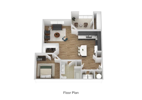 A floor plan of a house with a kitchen, living room, and two bedrooms.