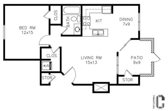 A floor plan of a home with a living room, dining room, kitchen, two bedrooms, and two bathrooms.