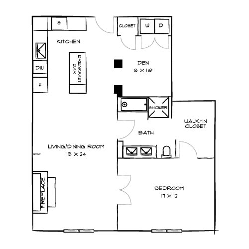 A floor plan of a house with a kitchen, living room, dining room, bedroom, and bathroom.