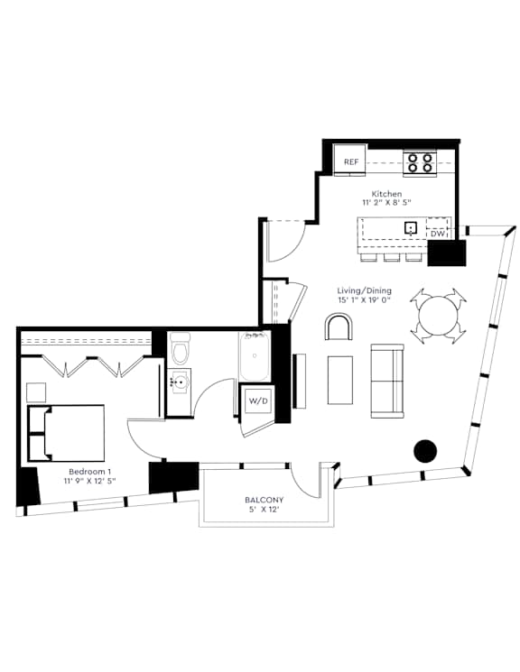 A floor plan of a small apartment with a living room, dining room, kitchen, and two bedrooms.