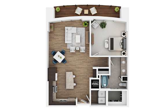 A top-down view of a house layout with a kitchen, living room, and bathroom.
