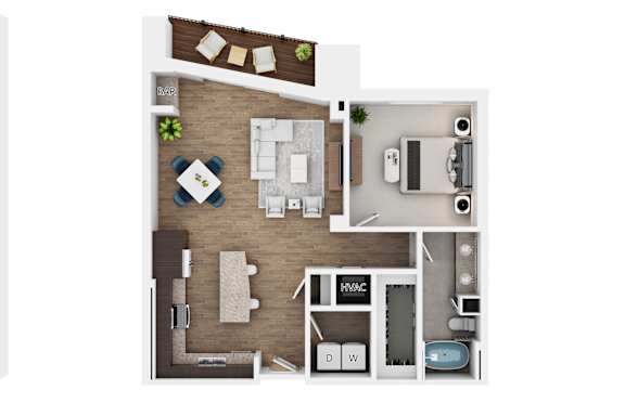 A floor plan of a room with a bar, a kitchen, a living room, a bathroom, and a bed.