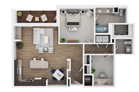 A top-down view of a house layout with a bar, living room, dining area, kitchen, and bathroom.