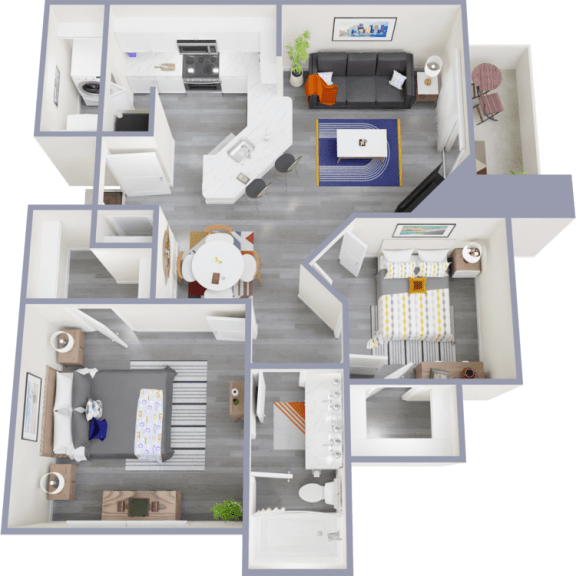 a 3d rendered floor plan of a two bedroom apartment