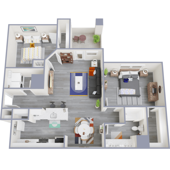 a 3d floor plan of a 3 bedroom apartment