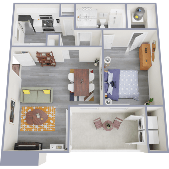 a 3d rendering of our 1 bedroom apartment at princeton court apartments in dallas