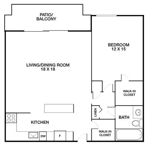 A floor plan of a house with a living/dining room, kitchen, bath, and bedroom.