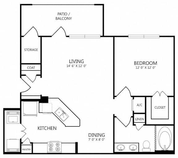 A black and white floor plan of a house with a living room, dining room, kitchen, bedroom, and storage area.